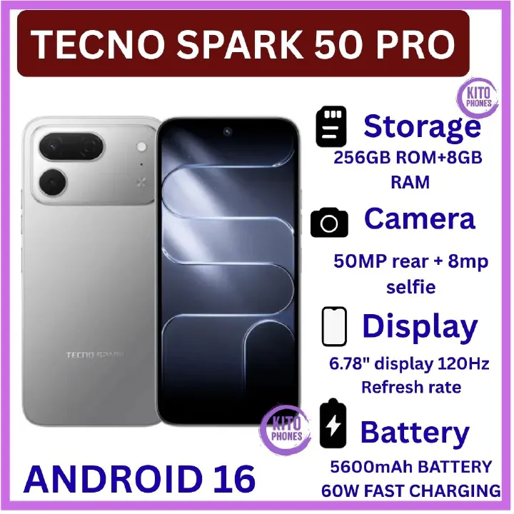 [BRAND NEW] Tecno Spark 50 Pro 256GB ROM+8GB RAM 6.78-inch'50MP f/1.8 PDAF + 8MP f/2.0 selfie,Battery: 5600mAh'OS: Android 16, HiOS 16'MediaTek Helio G100+12 MONTHS FREE WARRANTY PHONE SMARTPHONE