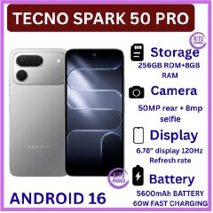 [BRAND NEW] Tecno Spark 50 Pro 256GB ROM+8GB RAM 6.78-inch'50MP f/1.8 PDAF + 8MP f/2.0 selfie,Battery: 5600mAh'OS: Android 16, MediaTek Helio G100+12 MONTHS FREE WARRANTY PHONE SMARTPHONE+FREE GIFTS