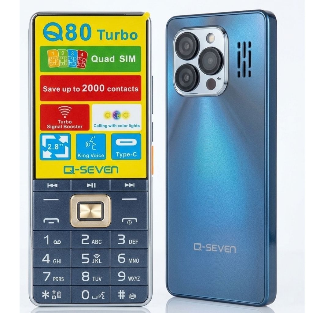 [BRAND NEW] Q-SEVEN Q80 TURBO 4 SIM CARDS PHONE 2.8" SCREEN 2500mAh BATTERY WITH 3D CURVED EDGE , OPERA MINI , WIRELESS FM TYPE C CHARGING PHONE QUAD SIM CARD FEATURED PHONE