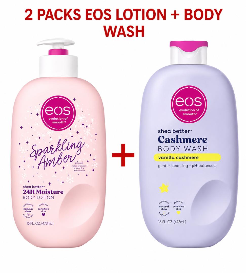 2 Packs EOS Shea Better Cashmere Body Wash 1000ml + Sparkling Amber Lotion 473ml – Moisturizing Body Care Set, Hydrating Shower Gel & Body Lotion for Soft, Smooth, Nourished & Healthy-Looking Skin