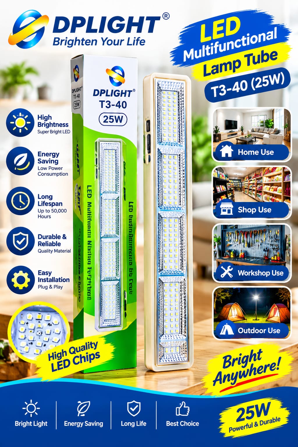 Dp Light T3-40 emergency Tube Light Bulb 25 watts Easy installation in standard bulb holders Suitable for homes, offices, and shops.