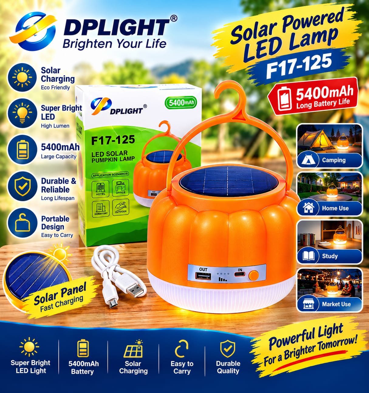 Dp Light solar emergency Light Bulb F17-125 rechargeable emergency lamp provides bright and long-lasting light for homes, offices, shops, and outdoor activities.