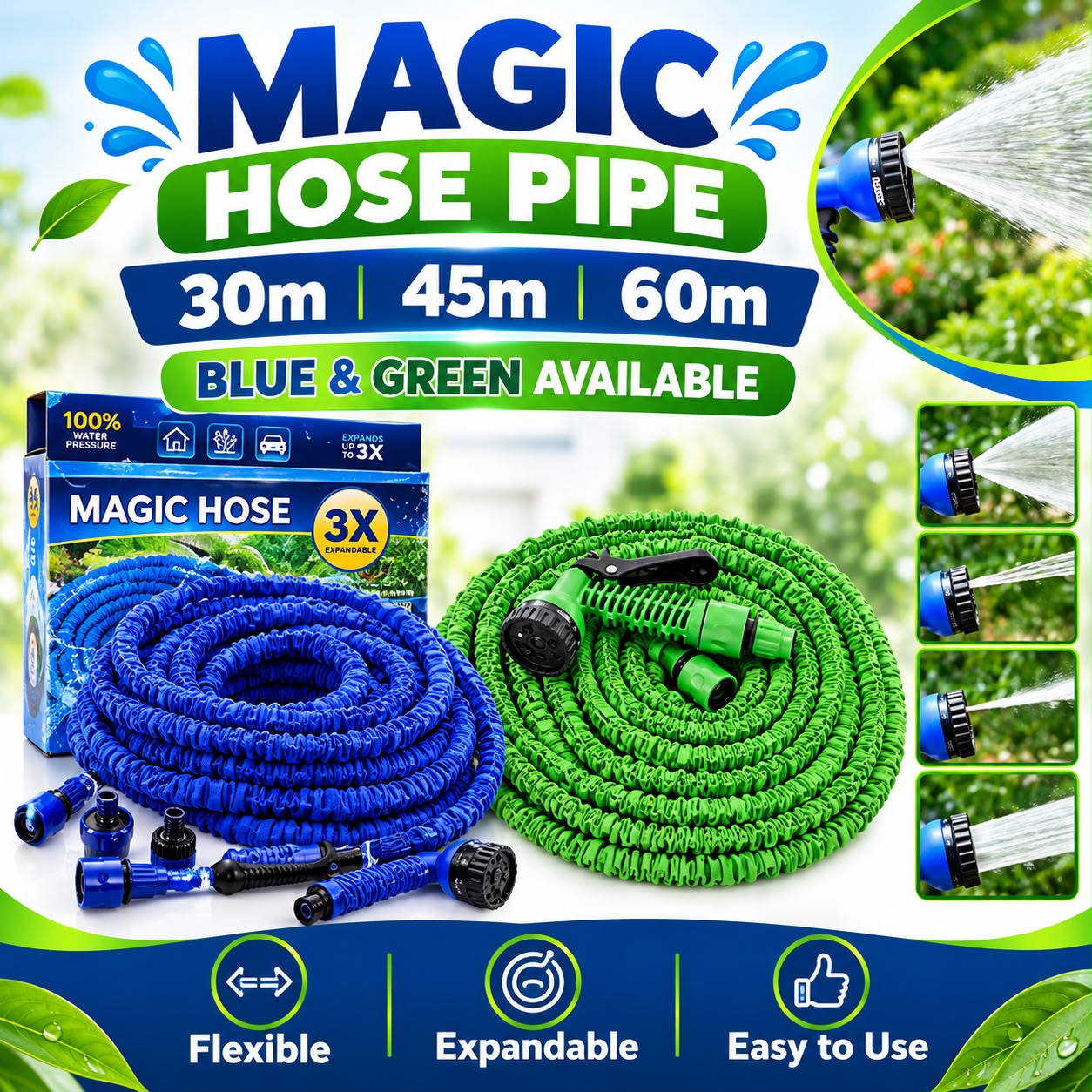 Magic Hose Magichose Expandable Hose Pipe 100 Feet It comes with universal hose connector which is ideal for garden, patios and cars. Now your garden works is so easy with this magical expandable hose
