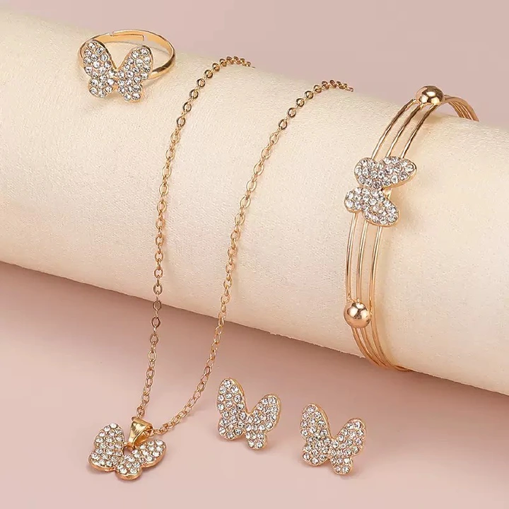 ZHJH Butterfly Jewelry Set for Women Ladies Diamond Love Heart Necklace Ring Bracelet Suit