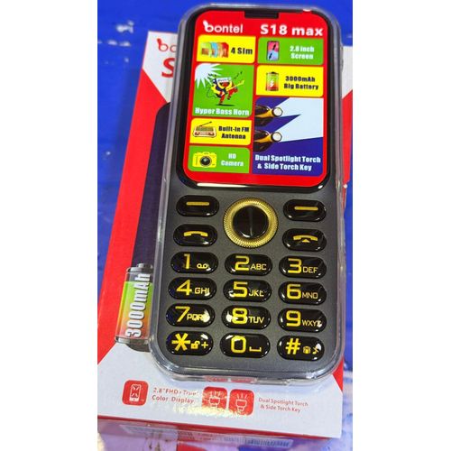 Bontel S18 Max – 4 SIM, 3000mAh Big Battery, Dual Torch, 2.8” Display Keypad Phone - Black
