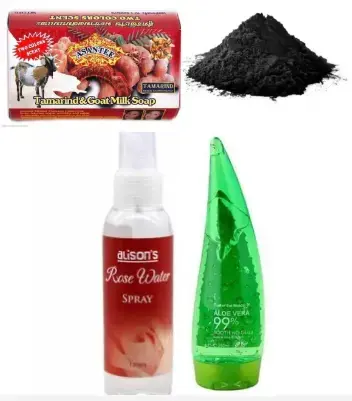 ACNE SKIN CARE TREATMENT- ASANTEE GOAT AND TAMARIND SOAP, ROSE WATER ALOE VERA GEL, QASIL POWER, ACTIVATED CHARCOAL