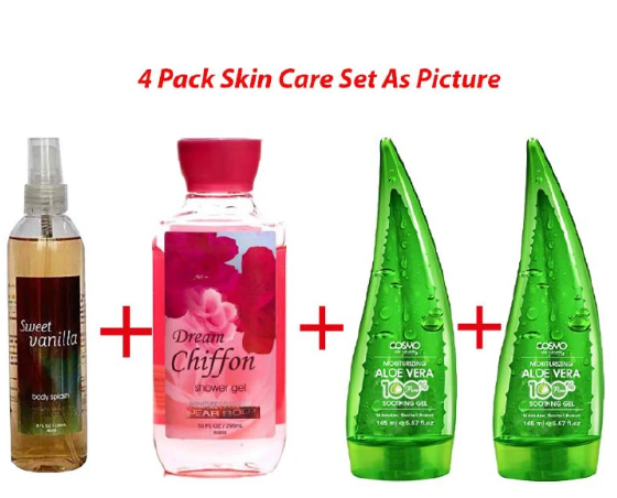 4 Pack Skin Care Set - Sweet Vanilla Body Splash, Dream Chiffon Shower Gel and Wokali Aloe Vera Soothing Gels 160ml Dear Body Signature Collections 4 in 1 Set Skin Care Set