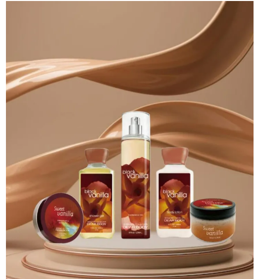 5 Pack Dear Body Black Vanilla Lotion, Shower Gel , Mist , Cream and Scrub Sweet Fresh Scent Keep Fresh Body Lotion, Shower Gel ,Body Cream, Scrub and Gel Signature Collection Body Luxuries