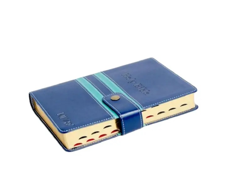 New International Version (NIV) Press Button Bible with Thumb Index – The secure press-button closure helps protect the Bible's pages, while the thumb index allows you to quickly locate books.