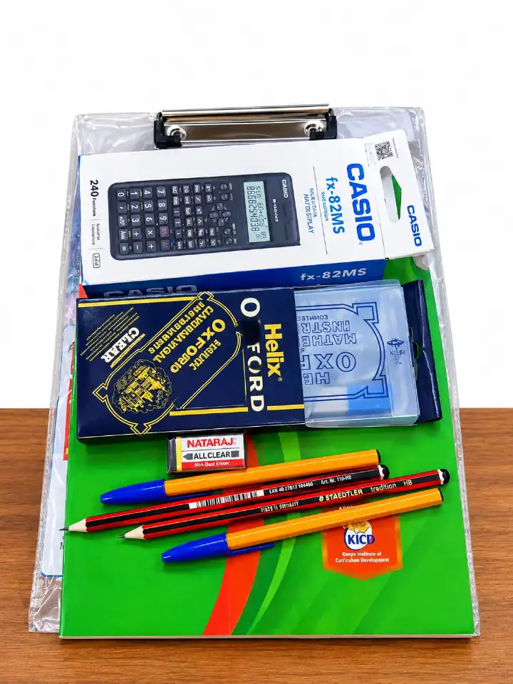KCPE AND KJSEA Exam Package – A complete KJSEA exam package,includes a calculator,30 cm ruler,mathematical set,2 pens, 2 HB pencils, eraser, sharpener,clipboard and a clear carrying bag all parked.