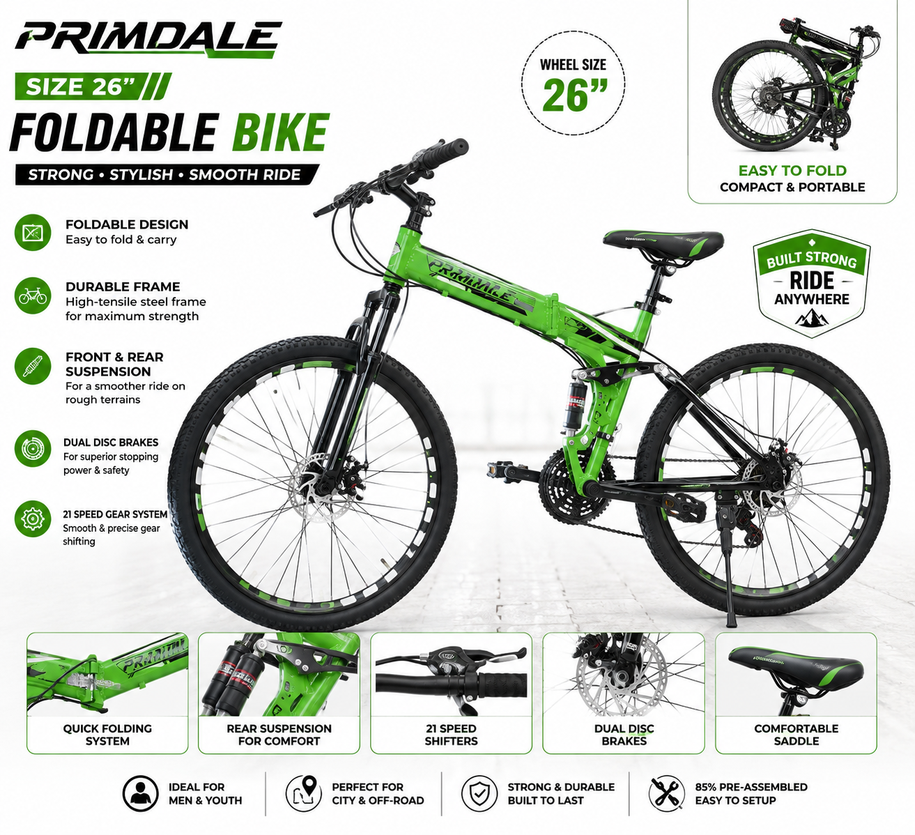 Primdale 26-Inch Foldable Mountain Bike – Dual Suspension, Dual Disc Brakes, 21-Speed, Adult Bicycle, Green