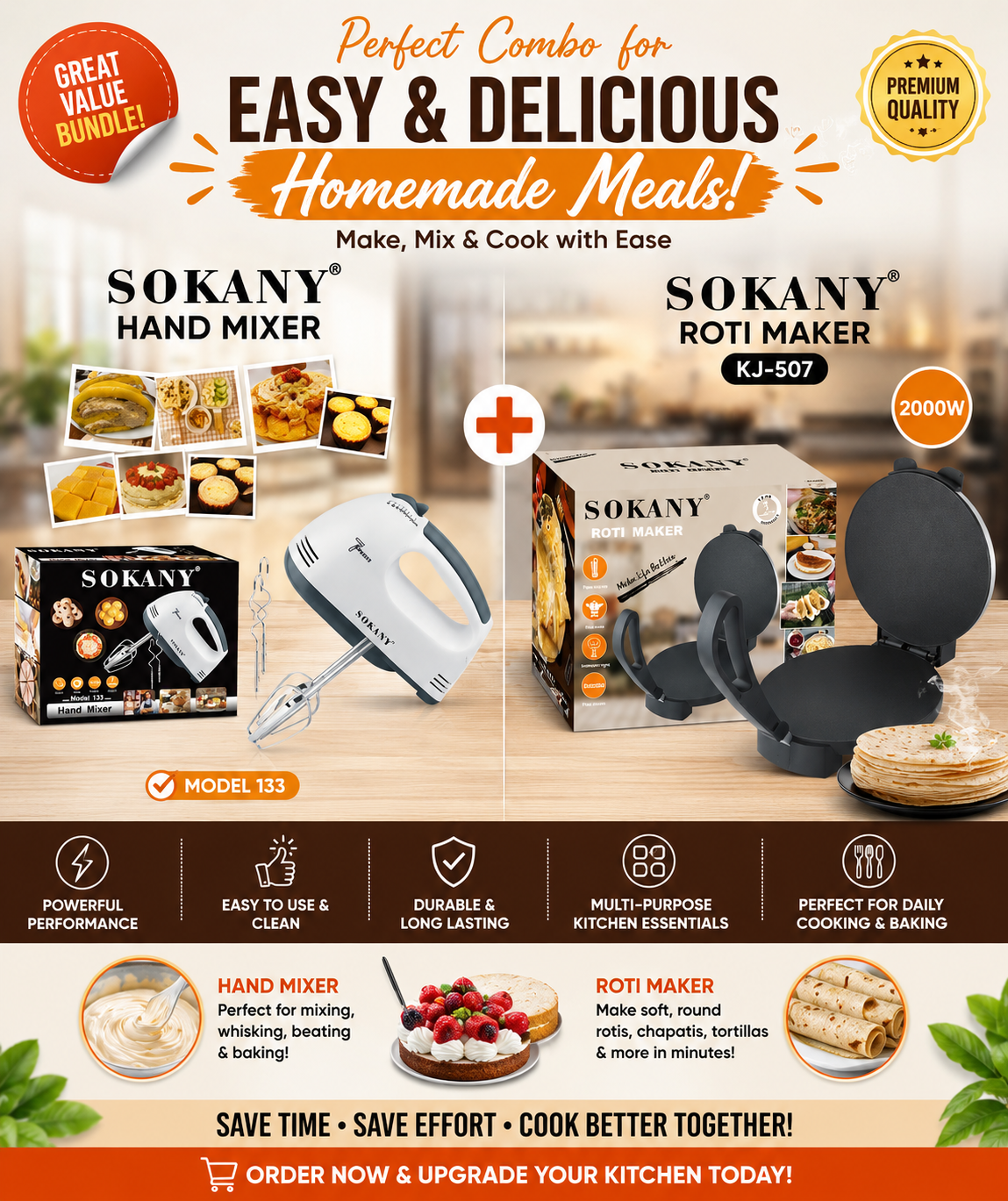 SOKANY Hand Mixer + 2000W Roti Maker Combo - Complete Chapati & Baking Kitchen Set