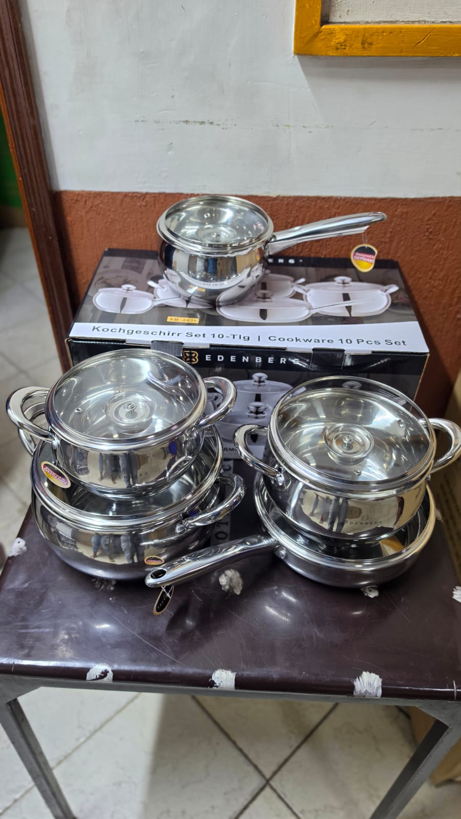 Edenberg EB-2421 10-Piece Stainless Steel Cookware Set – Induction Compatible,Tempered Glass Lids, Heavy-Duty Pots & Frying Pan