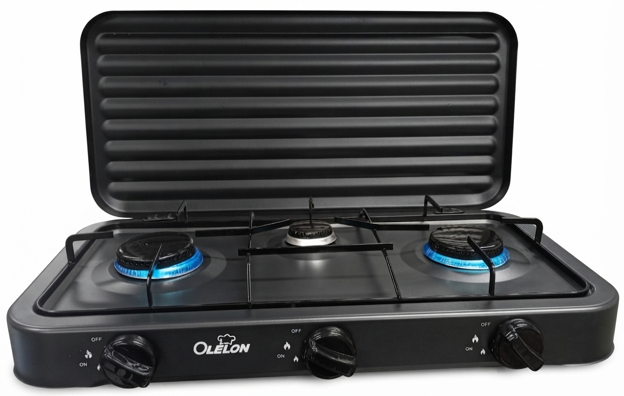 Olelon 3 Burner Gas Stove Cooker With Cover Lid – Tabletop Gas Cooker For Home & Kitchen, Protective Cover Lid, Spacious Cooking Surface, Compact Tabletop Design, Easy-To-Use Control Knobs