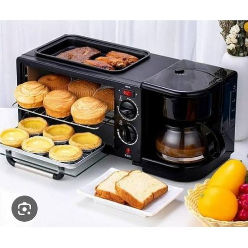 Reki 3 In 1 Breakfast Maker – Electric Breakfast Station With Oven, Grill & Coffee Maker, Prepare coffee, bake or toast food and cook on the hot plate using one convenient countertop appliance.