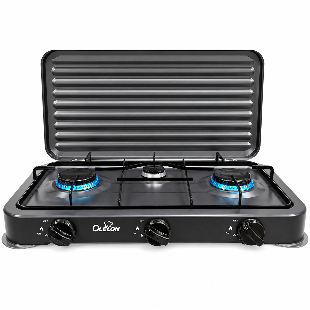 Olelon 3-Burner Gas Stove Cooker with Cover Lid – Tabletop LPG Gas Cooker for Home Kitchen, enjoy convenient multi-dish cooking with a practical protective cover.