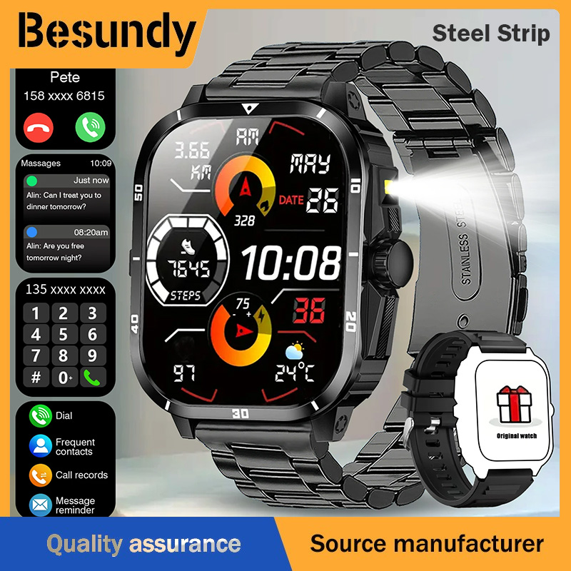 New Steel Strip Flagship Smartwatch H19 Rugged Outdoor Military Smart Watch GPS Men Flashlight Wireless Call Waterproof Sport Tracker 100+ Sports Modes HD Bluetooth Call Smart Watch