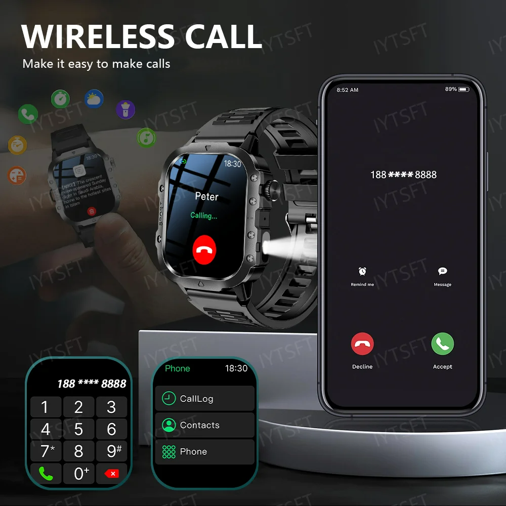 New Steel Strip Smartwatch H19 Rugged Outdoor Military Smart Watch GPS Men Flashlight Wireless Call Waterproof Sport Tracker 100+ Sports Modes HD Bluetooth Call Smart Watch