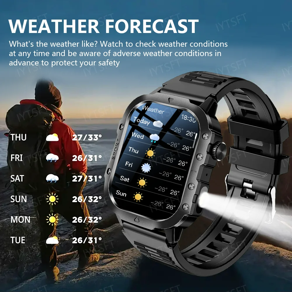 New Steel Strip Smartwatch H19 Rugged Outdoor Military Smart Watch GPS Men Flashlight Wireless Call Waterproof Sport Tracker 100+ Sports Modes HD Bluetooth Call Smart Watch