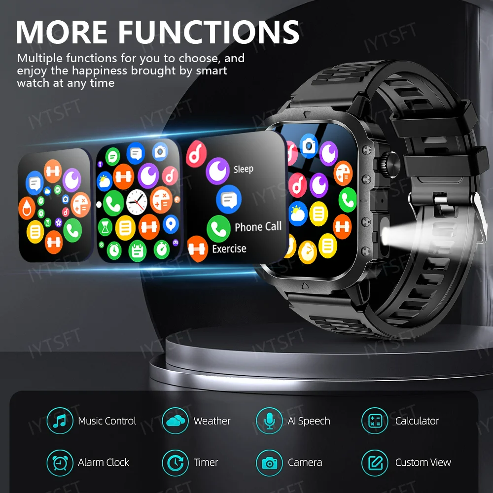 New Steel Strip Smartwatch H19 Rugged Outdoor Military Smart Watch GPS Men Flashlight Wireless Call Waterproof Sport Tracker 100+ Sports Modes HD Bluetooth Call Smart Watch