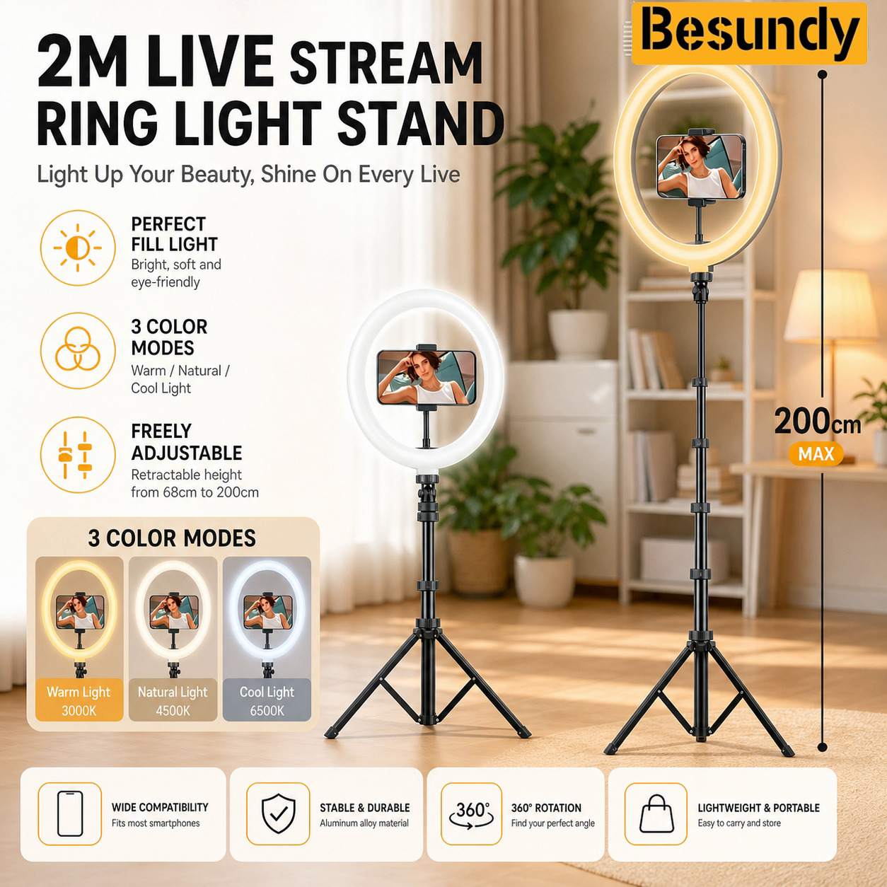 2.1M Tripod Stand with 10 Inch LED Ring Light- Dimmable Beauty Ringlight for Selfie, Makeup, YouTube TikTok Live Streaming Studio Quality Video Three colors adjustable 10 Inch LED Ring Light