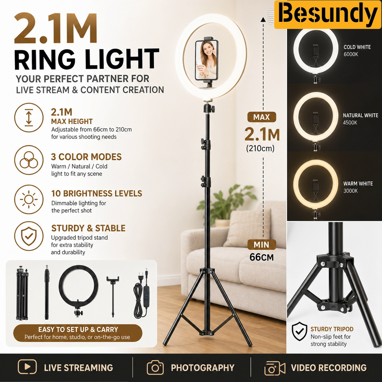 Besundy 2.1M Tripod Stand with 10 Inch LED Ring Light- Dimmable Beauty Ringlight Three colors adjustable for Selfie Live Stream/Makeup/Youtube/Tiktok Video