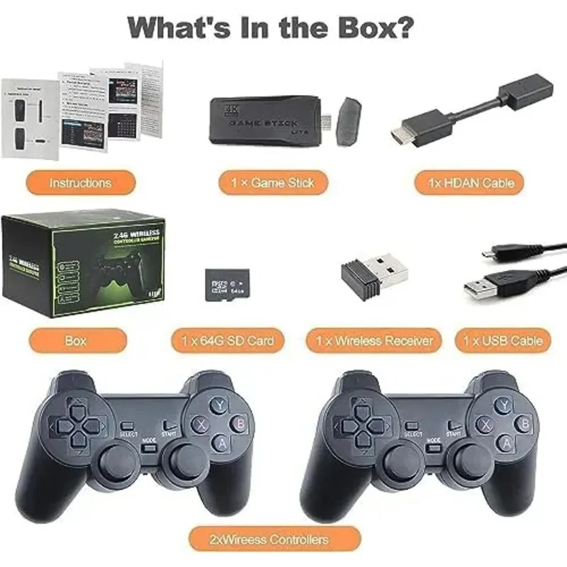 20000+ Classic Games 64G Video Gaming Consoles 4K HD Output Retro Game Stick 2.4G Double Wireless Controller