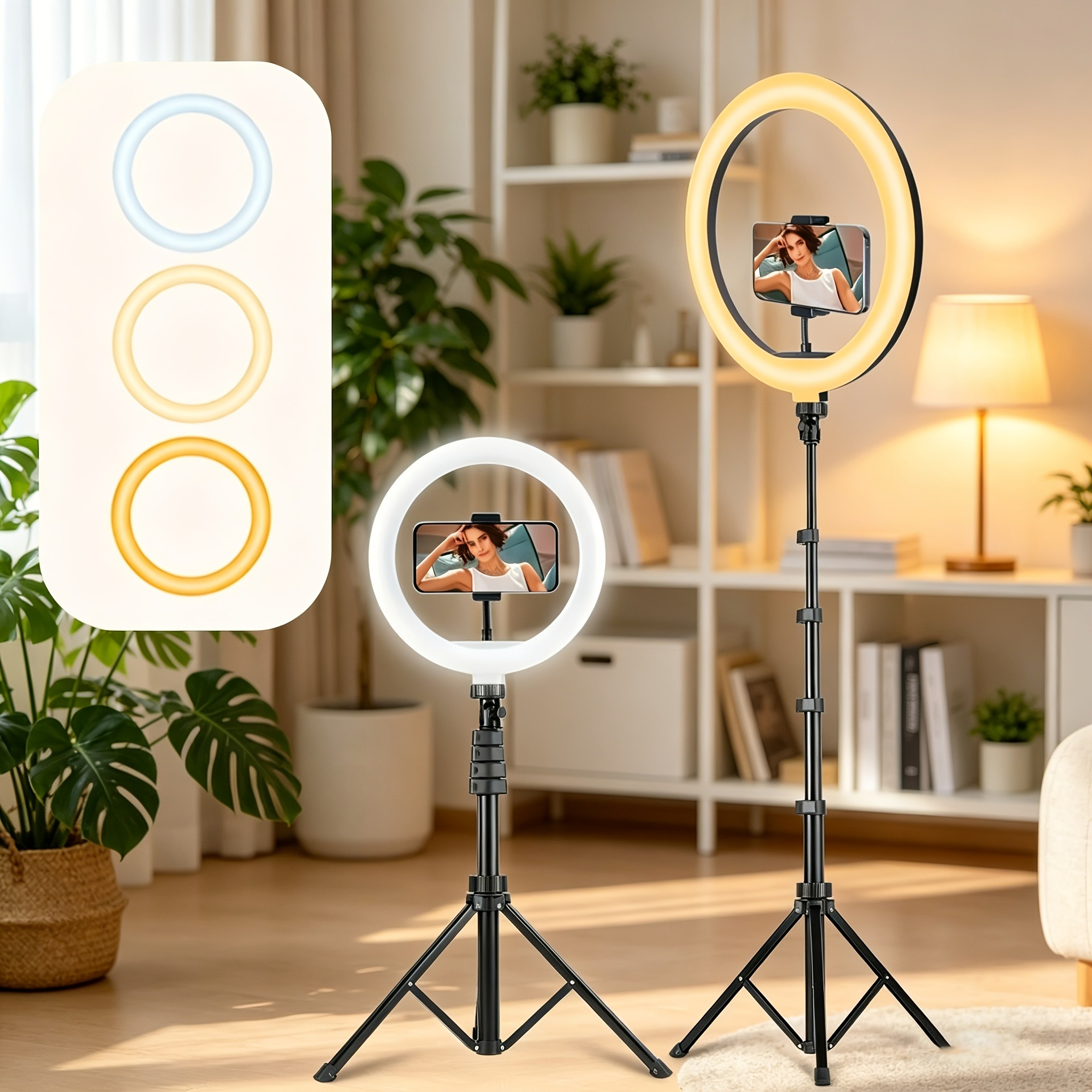 Besundy 2.1M Tripod Stand with 10 Inch LED Ring Light- Dimmable Beauty Ringlight Three colors adjustable for Selfie Live Stream/Makeup/Youtube/Tiktok Video