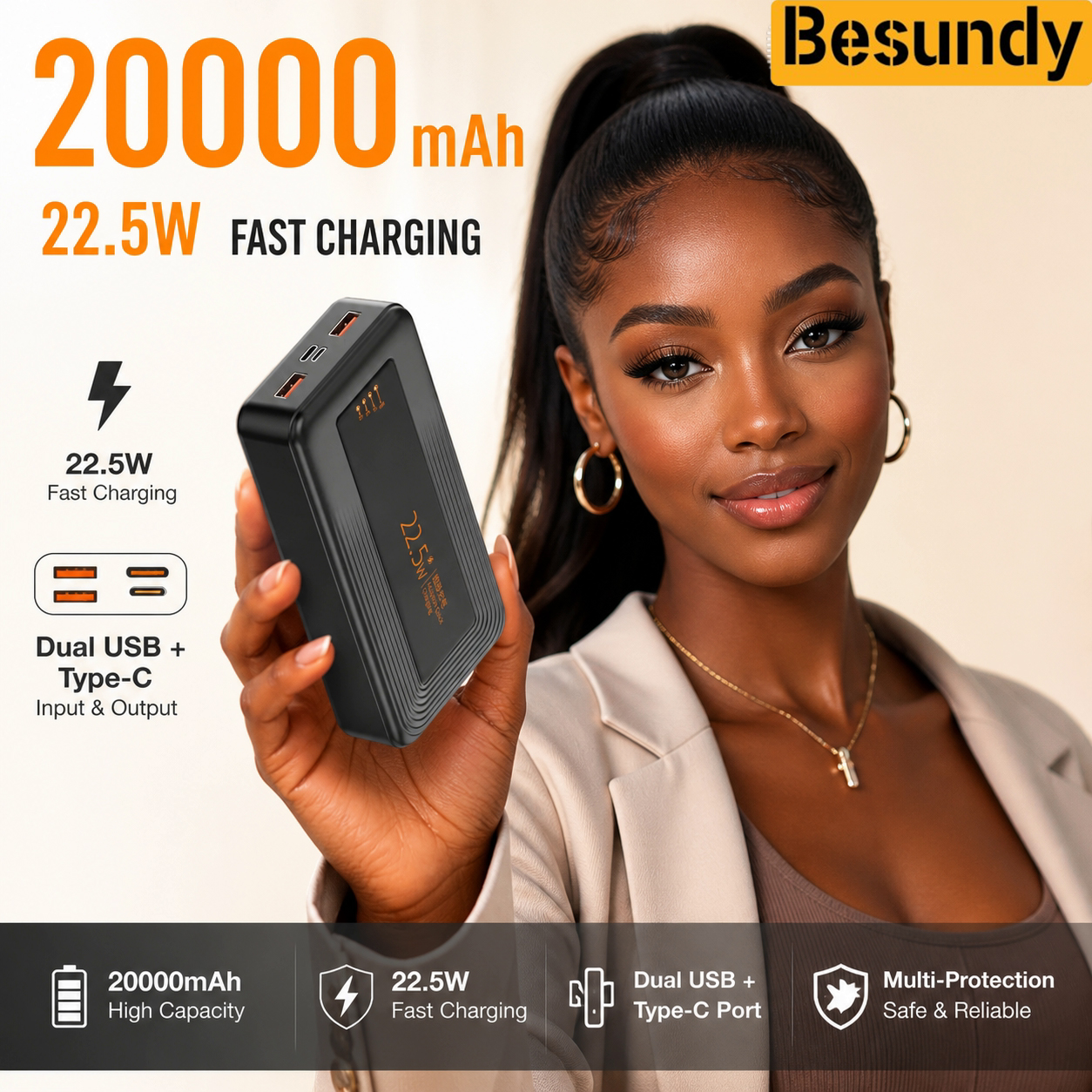 【Besundy】20000mAh LED Power Bank Real Mark Capacity Portable Stylish Battery Charger Dual USB Powerbank Compatible with iPhone Xiaomi Tecno Samsung Infinix Phone Tablet