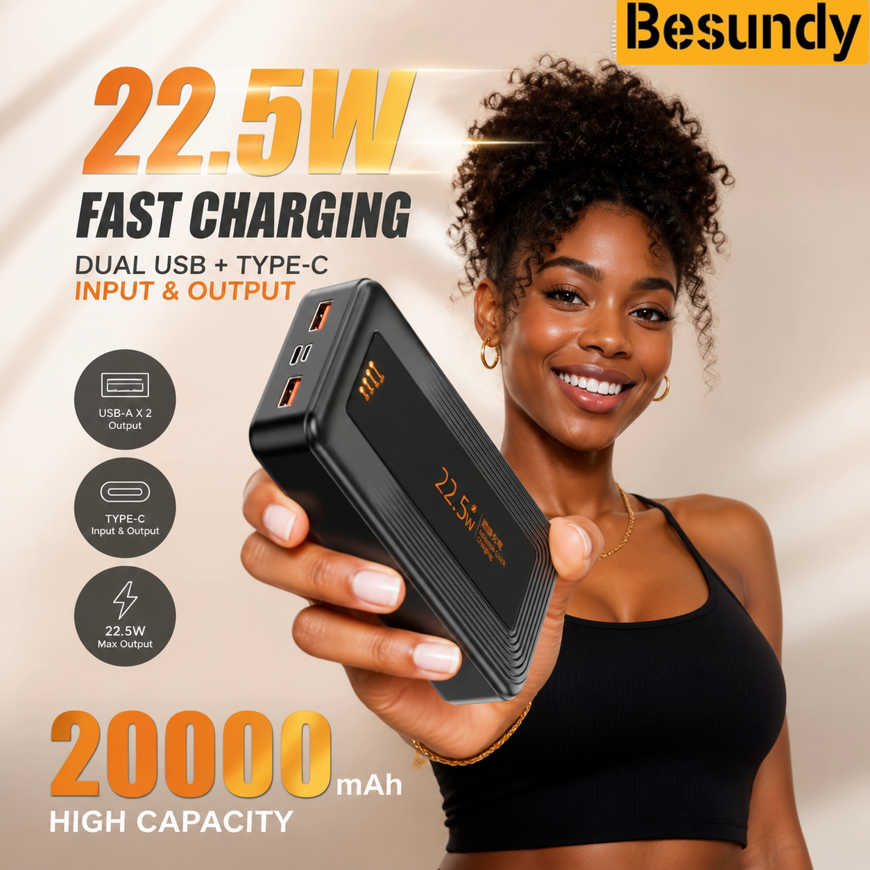 【Besundy】20000mAh LED Power Bank Real Mark Capacity Portable Stylish Battery Charger Dual USB Powerbank Compatible with iPhone Xiaomi Tecno Samsung Infinix Phone Tablet