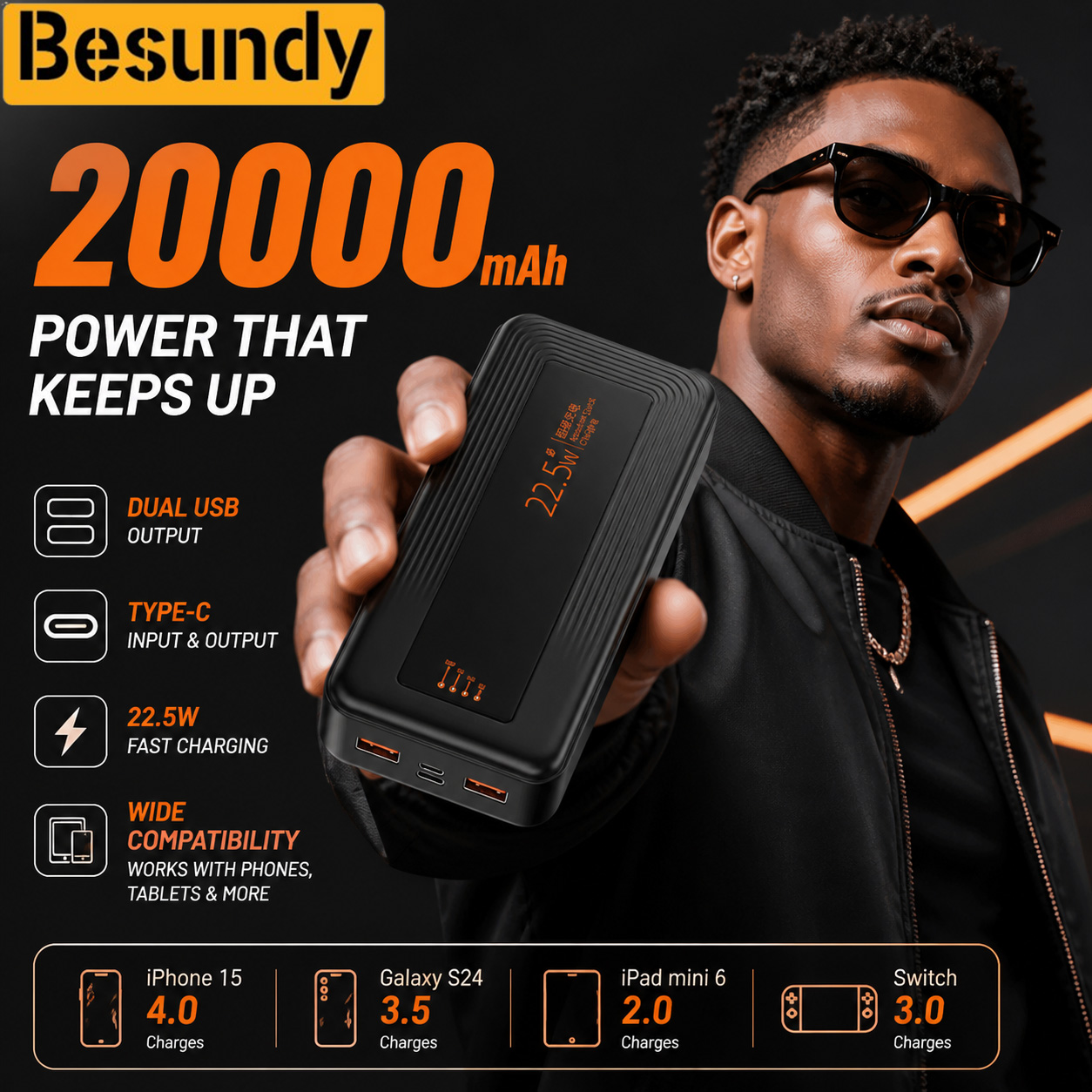 【Besundy】20000mAh LED Power Bank Real Mark Capacity Portable Stylish Battery Charger Dual USB Powerbank Compatible with iPhone Xiaomi Tecno Samsung Infinix Phone Tablet