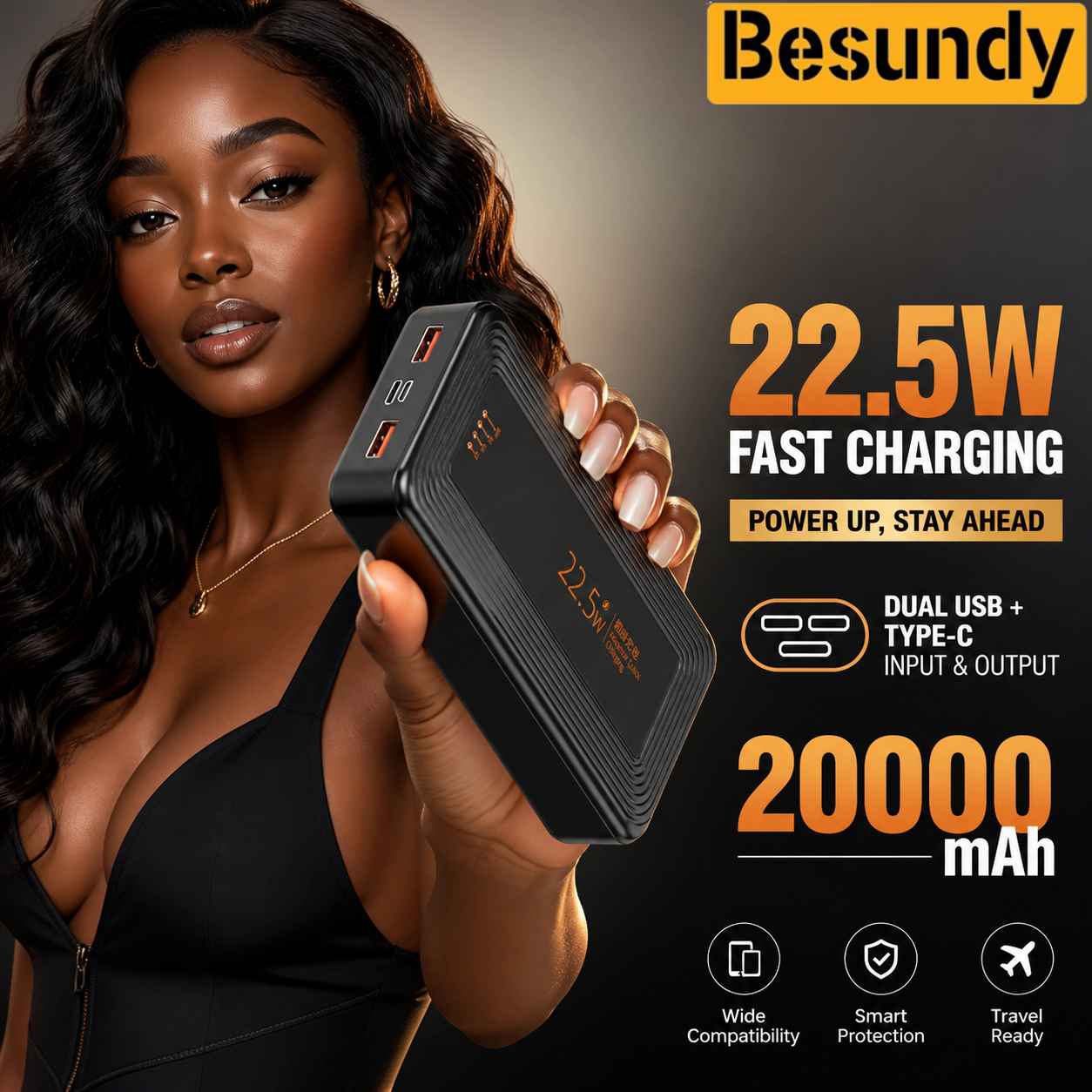 【Besundy】20000mAh LED Power Bank Real Mark Capacity Portable Stylish Battery Charger Dual USB Powerbank Compatible with iPhone Xiaomi Tecno Samsung Infinix Phone Tablet