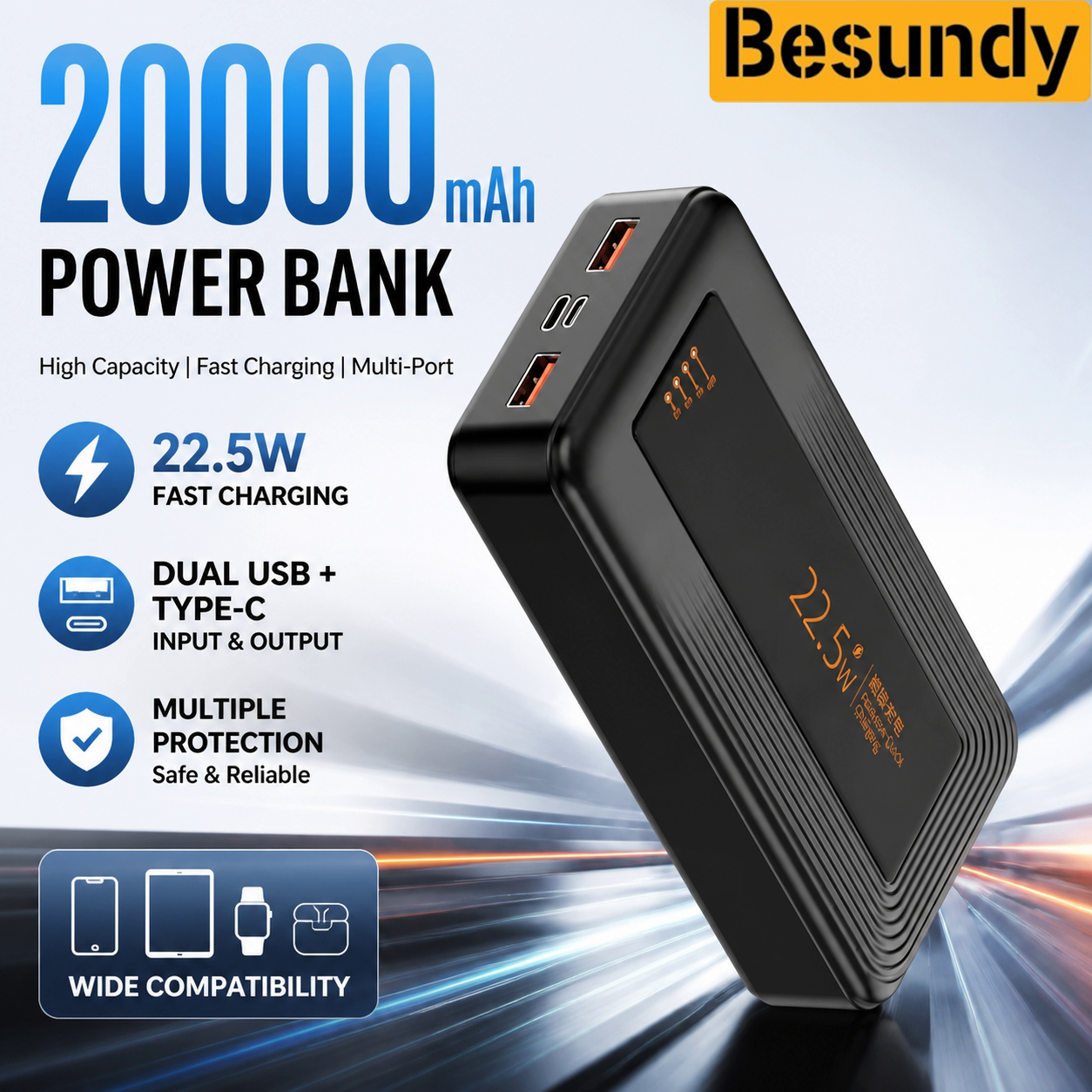 【Besundy】20000mAh LED Power Bank Real Mark Capacity Portable Stylish Battery Charger Dual USB Powerbank Compatible with iPhone Xiaomi Tecno Samsung Infinix Phone Tablet