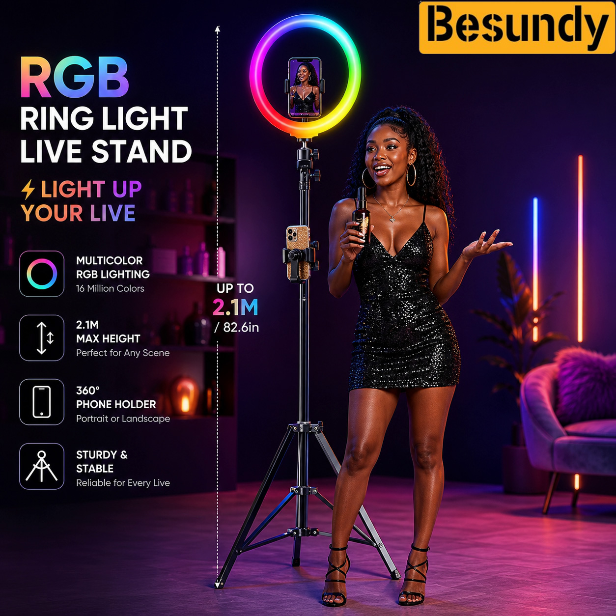 10Inch LED Ring Light, Two Section Adjustable 160cm Tripod, Portable Fill Light for Live Streaming, Photo Selfies, Video Record