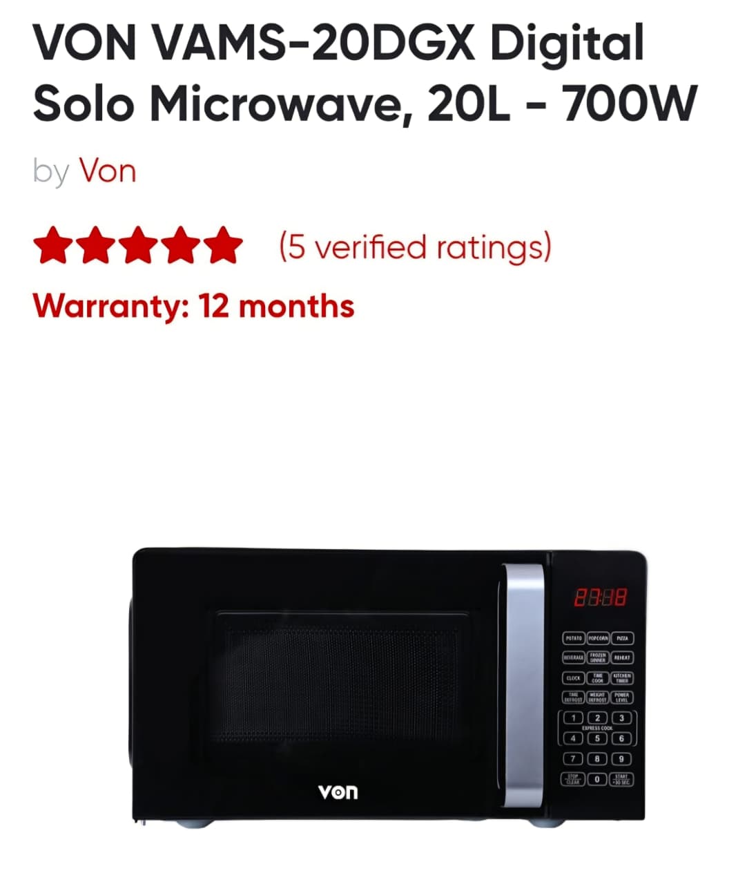Hotpoint Von Digital Solo Microwave 20L VAMS-20DGX