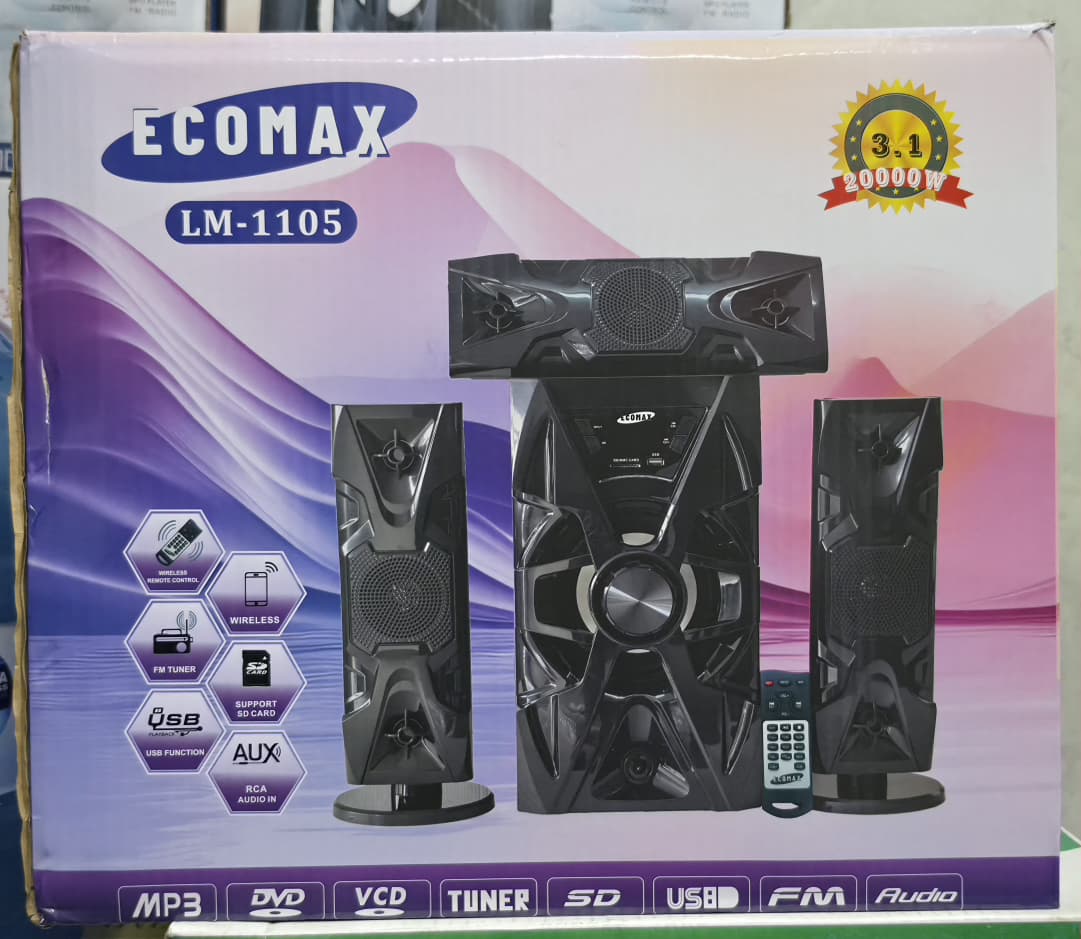 Ecomax LM-1105 3.1CH  20000W PMPO Multimedia Speaker System with BT, FM Radio, AC/DC Subwoofer Mini Home Theater System with Remote control  Woofer