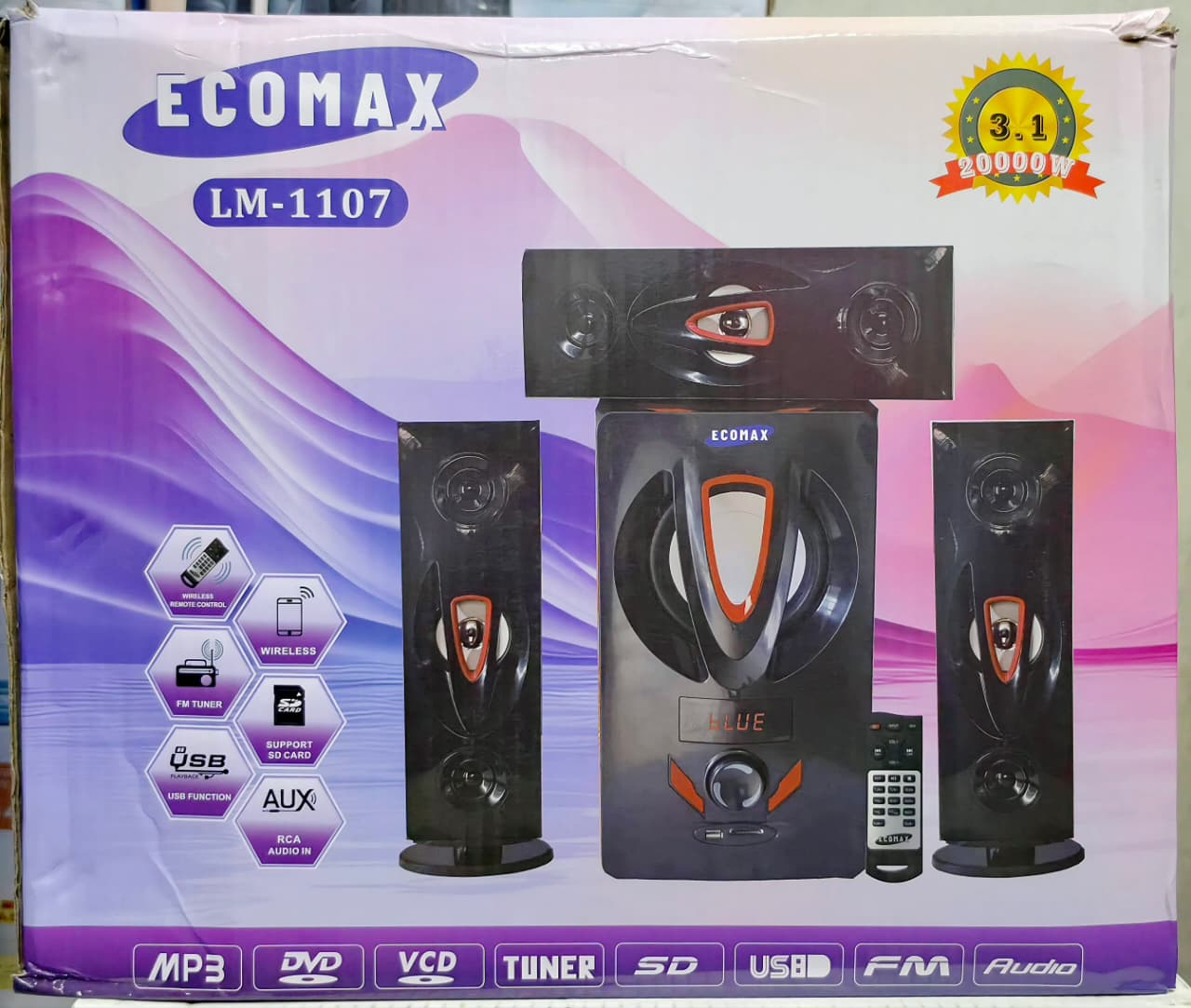 Ecomax LM-1107 3.1CH  20000W PMPO Multimedia Speaker System with BT, FM Radio, AC/DC Subwoofer Mini Home Theater System with Remote control  Woofer