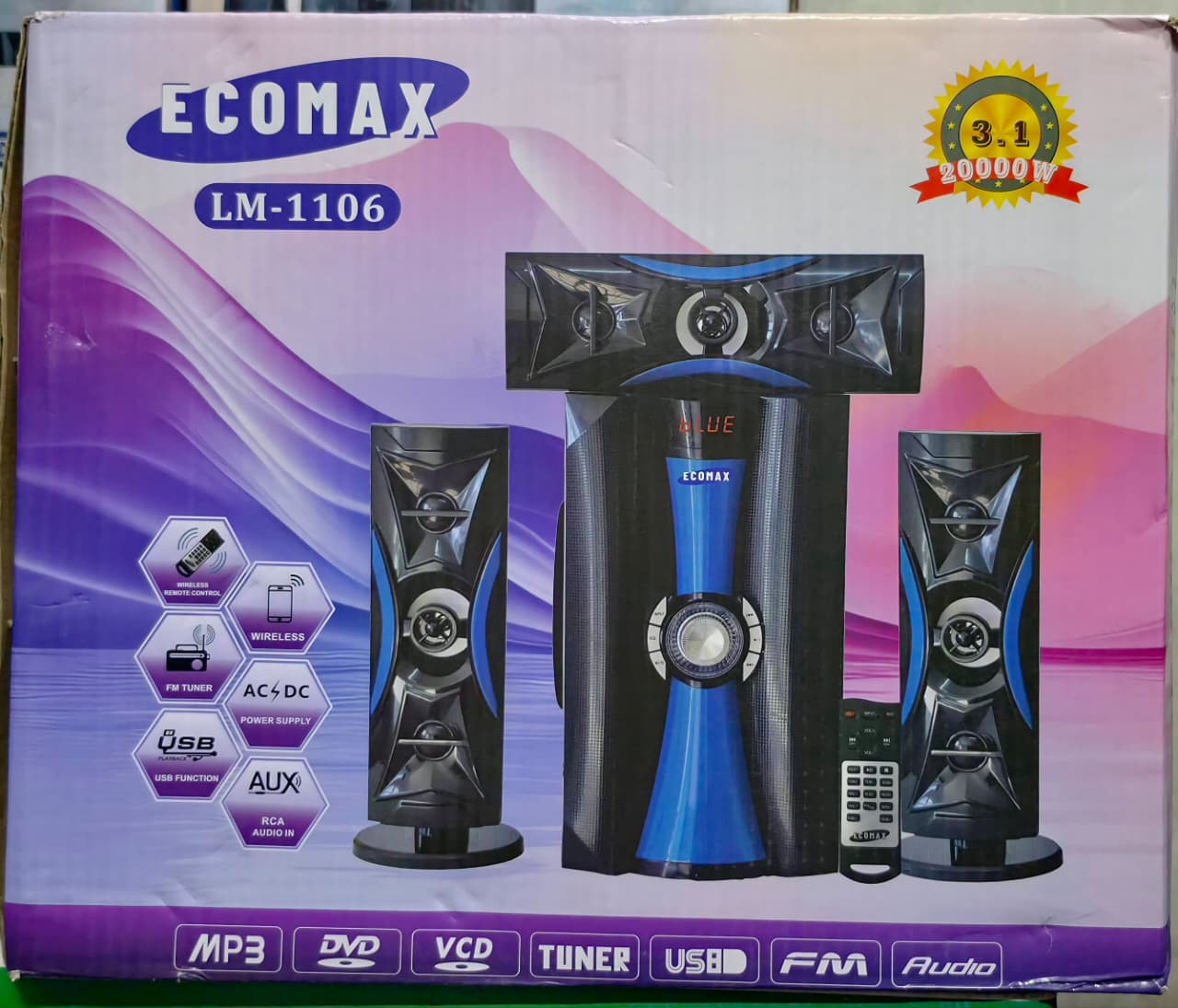 Ecomax LM-1106 3.1CH  20000W PMPO Multimedia Speaker System with BT, FM Radio, AC/DC Subwoofer Mini Home Theater System with Remote control  Woofer