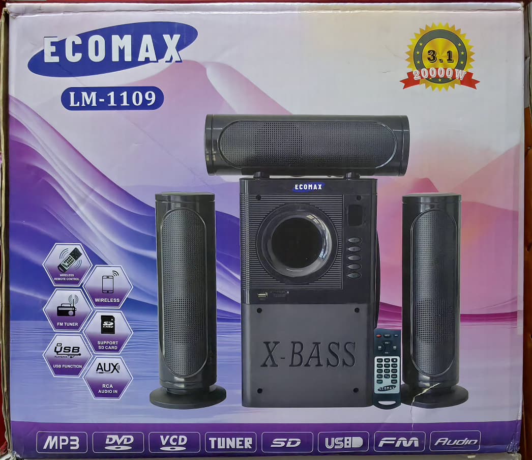 Ecomax LM-1109 3.1CH  20000W PMPO Multimedia Speaker System with BT, FM Radio, AC/DC Subwoofer Mini Home Theater System with Remote control  Woofer