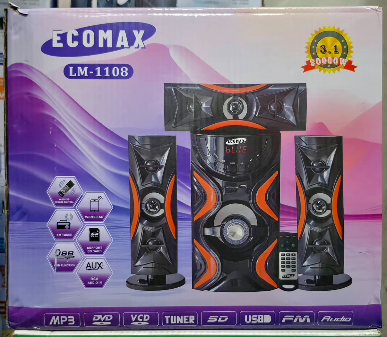 Ecomax LM-1108 3.1CH  20000W PMPO Multimedia Speaker System with BT, FM Radio, AC/DC Subwoofer Mini Home Theater System with Remote control  Woofer