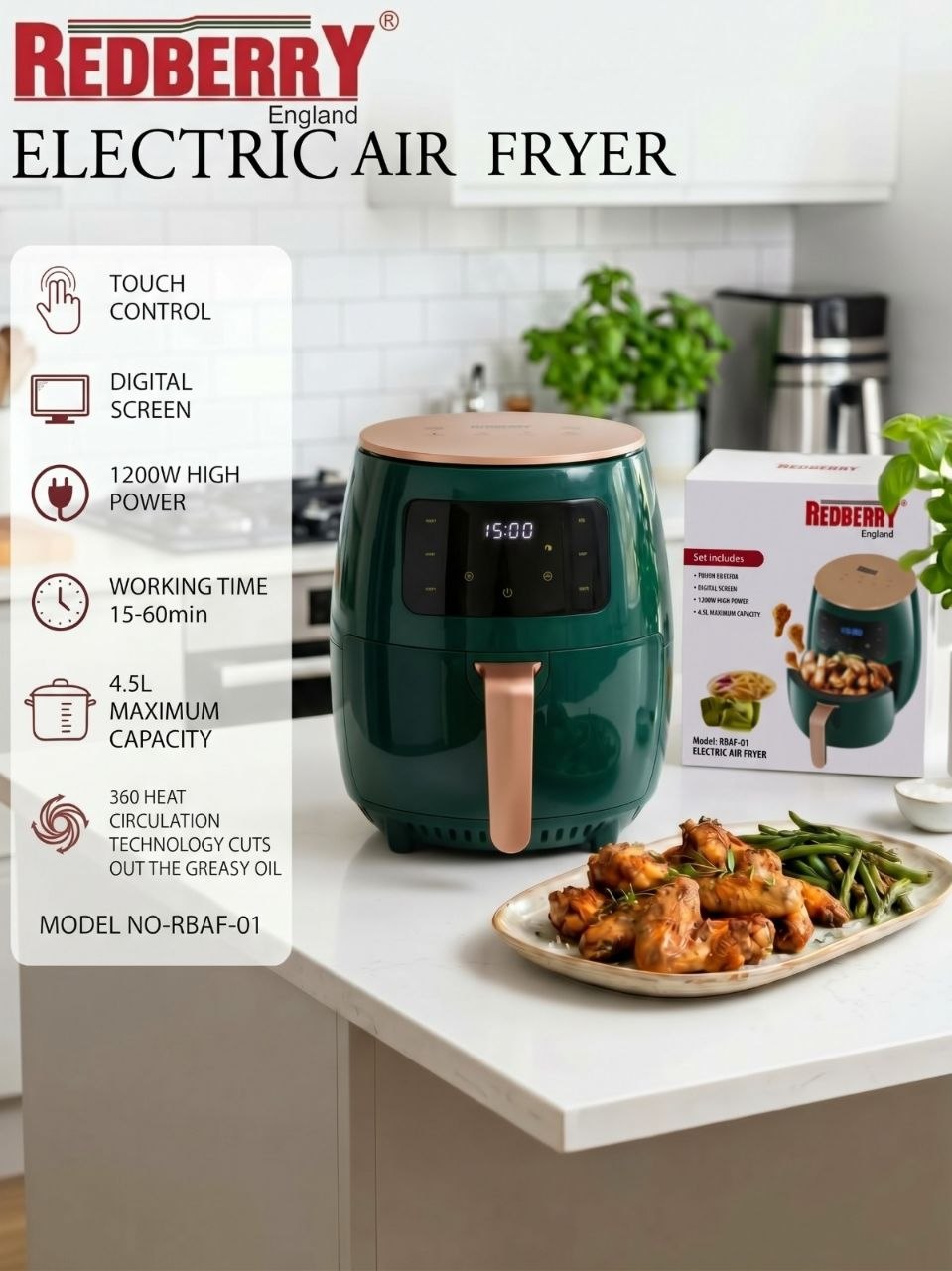 Redberry Digital Air Fryer For Home, 4.5 Litres, 6 Cooking Options, Electric, Convection Oven, 1200W, 360 Degrees Air Circulation, Digital Display, Keep Warm, Bake, Roast, Toast
