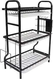 3 Tier Carbon Steel Dish Rack for Kitchen Countertop Storage – Heavy Gauge Steel Drying Rack with Multi-Layer Organizer for Plates, Bowls, Cups, Utensils and Kitchen Accessories
