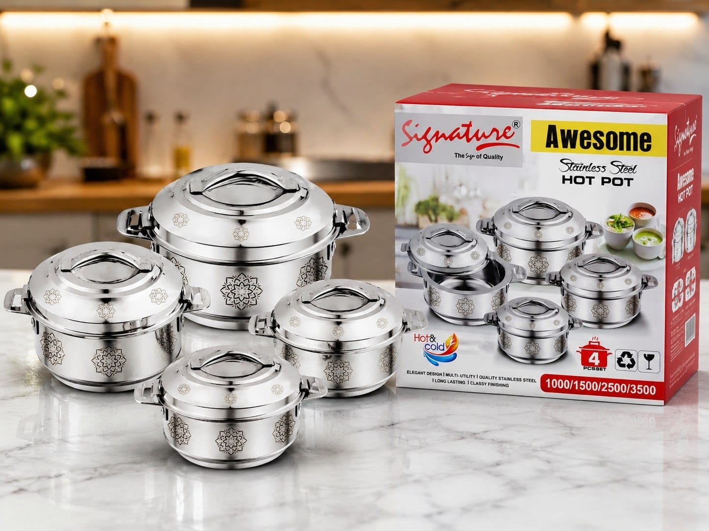 Signature 4Pcs Spark Stainless Steel Insulated Hotpots(1000ML,,1500,,2500,,3500ML)🎯features high-quality stainless steel inner and outer walls with double-wall insulation to retain heat and lock in f