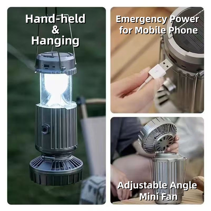 Rechargeable Solar Camping Lantern with Mini Fan LED Tent Light 1500mAh Portable Hanging Lamp Outdoor Waterproof Emergency Light with USB Power Bank for Camping Home Fishing Hiking Power Outage