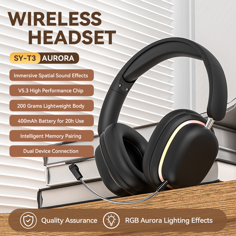 SY‑T3 Aurora Wireless Over‑Ear Headphones, Bluetooth 5.3, Detachable ENC Mic, RGB Light, Foldable, 20H Playtime, Gaming Headset for Phone Laptop PC