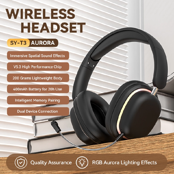 SY‑T3 Aurora Wireless Over‑Ear Headphones, Bluetooth 5.3, Detachable ENC Mic, RGB Light, Foldable, 20H Playtime, Gaming Headset for Phone Laptop PC