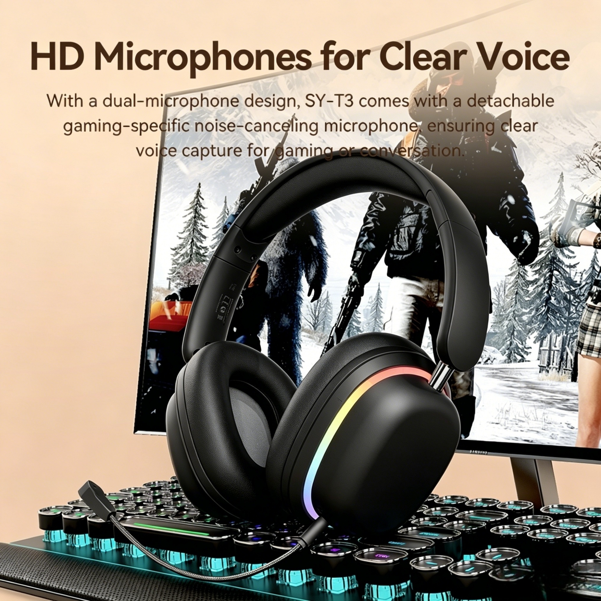 SY‑T3 Aurora Wireless Over‑Ear Headphones, Bluetooth 5.3, Detachable ENC Mic, RGB Light, Foldable, 20H Playtime, Gaming Headset for Phone Laptop PC