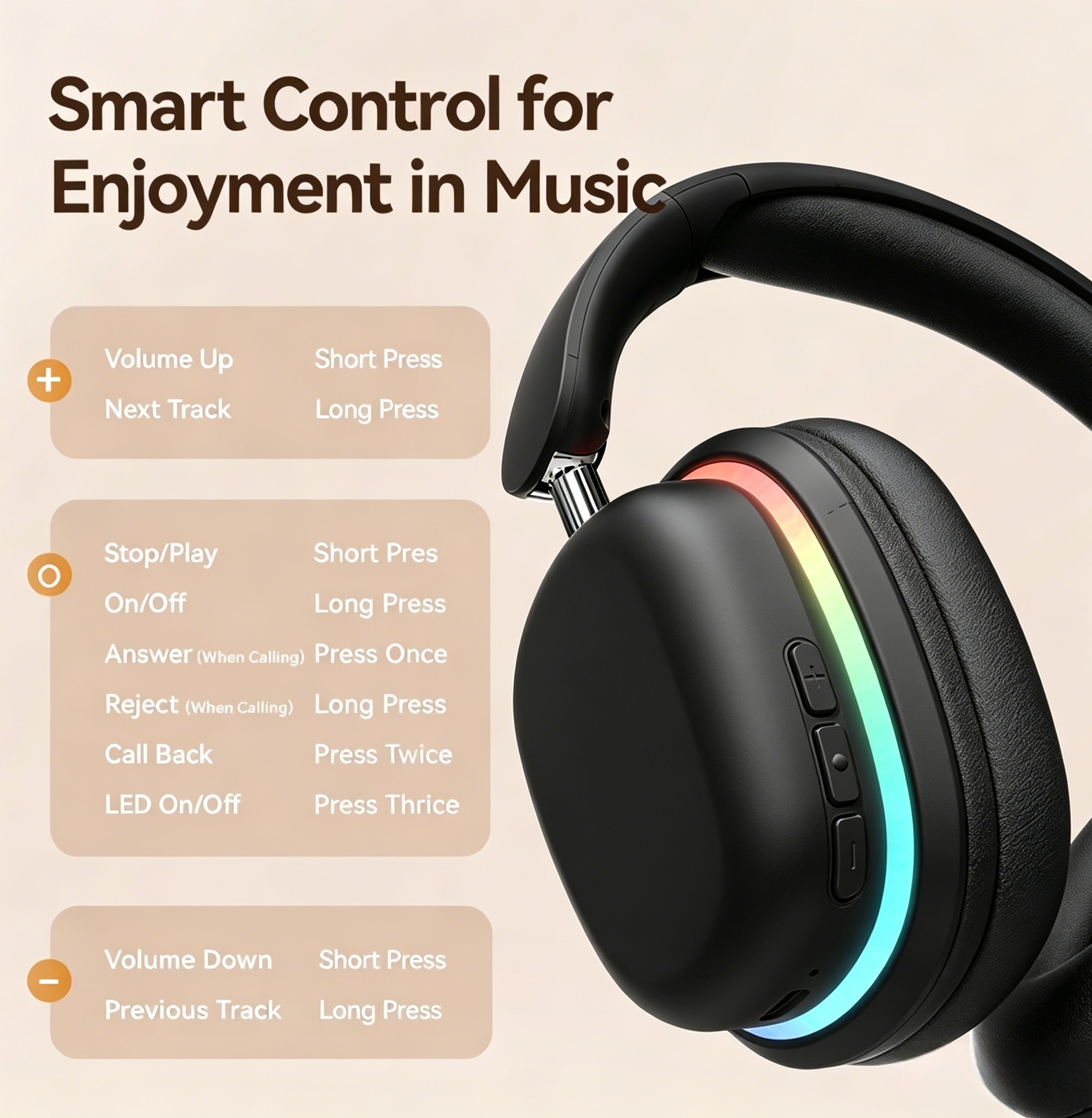 SY‑T3 Aurora Wireless Over‑Ear Headphones, Bluetooth 5.3, Detachable ENC Mic, RGB Light, Foldable, 20H Playtime, Gaming Headset for Phone Laptop PC