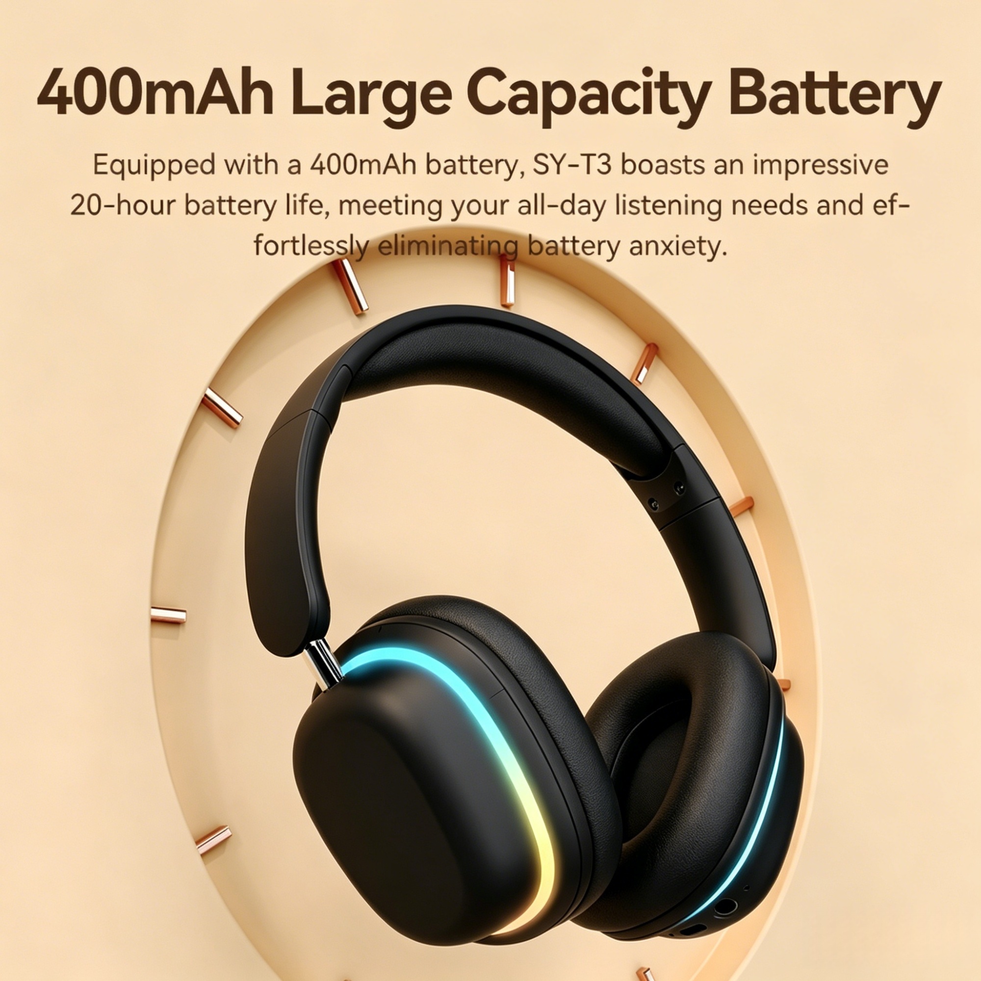 SY‑T3 Aurora Wireless Over‑Ear Headphones, Bluetooth 5.3, Detachable ENC Mic, RGB Light, Foldable, 20H Playtime, Gaming Headset for Phone Laptop PC