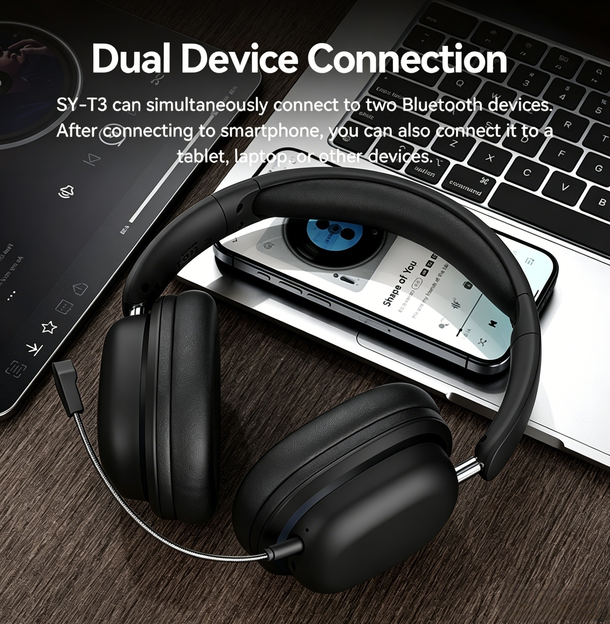 SY‑T3 Aurora Wireless Over‑Ear Headphones, Bluetooth 5.3, Detachable ENC Mic, RGB Light, Foldable, 20H Playtime, Gaming Headset for Phone Laptop PC